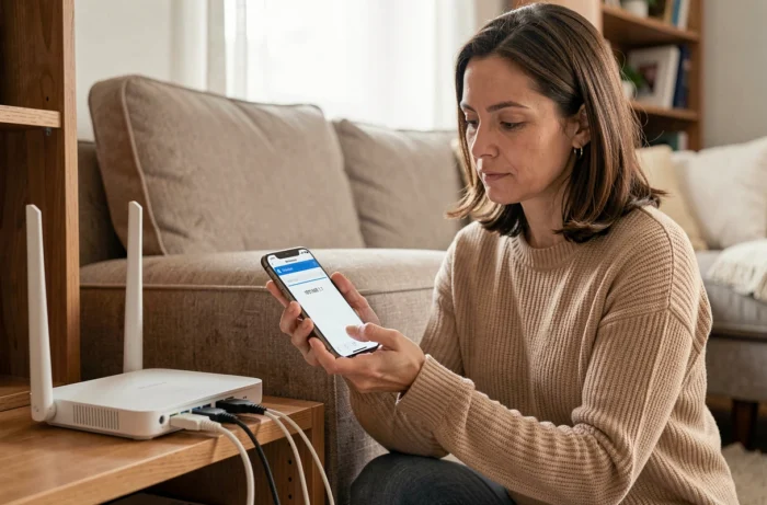 Femme accédant à l'adresse IP 192.168.1.1 sur smartphone pour configurer son routeur dans un salon