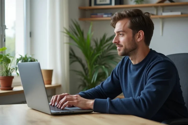Homme accédant à sa boîte mail SFR sur un ordinateur portable dans un bureau à domicile