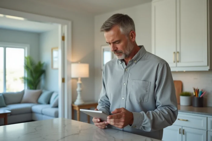 Homme consultant sa boîte mail SFR sur tablette dans une cuisine moderne