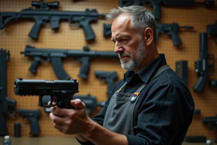 Accessoiriste de cinéma inspectant une réplique d'arme de film dans un atelier d'armurerie professionnelle pour production cinématographique