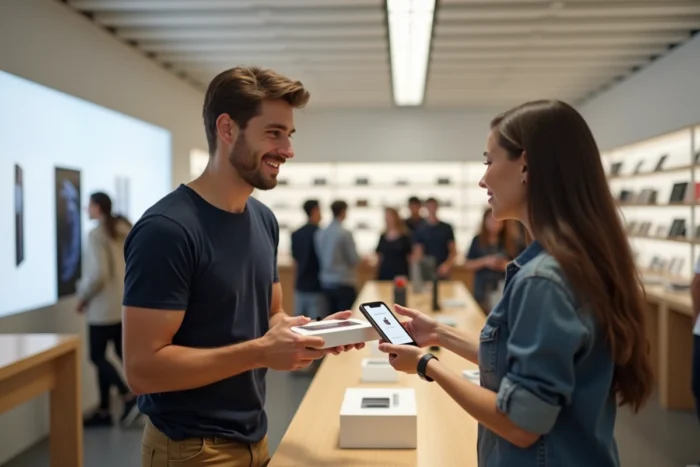 Jeune homme achetant un iPhone en bénéficiant de la réduction Apple étudiant dans un Apple Store