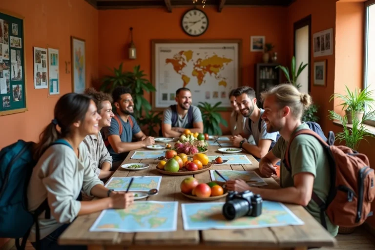 Groupe de voyageurs autour d'une table couverte de cartes, souvenirs et équipements d'aventure dans une auberge chaleureuse