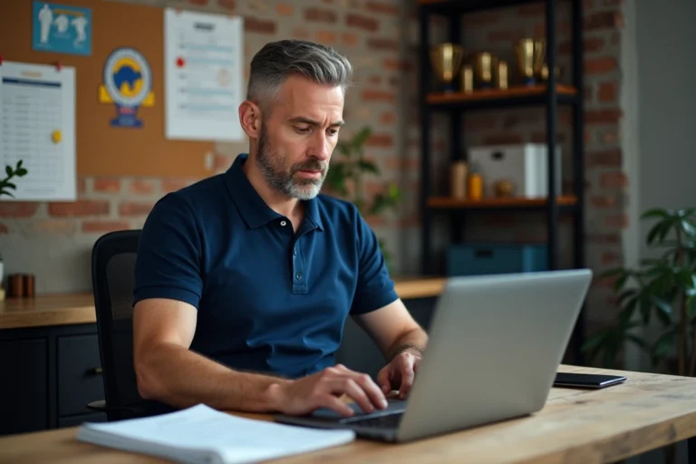 Responsable de club de judo utilisant l'extranet fédéral sur un ordinateur portable dans un bureau administratif sportif