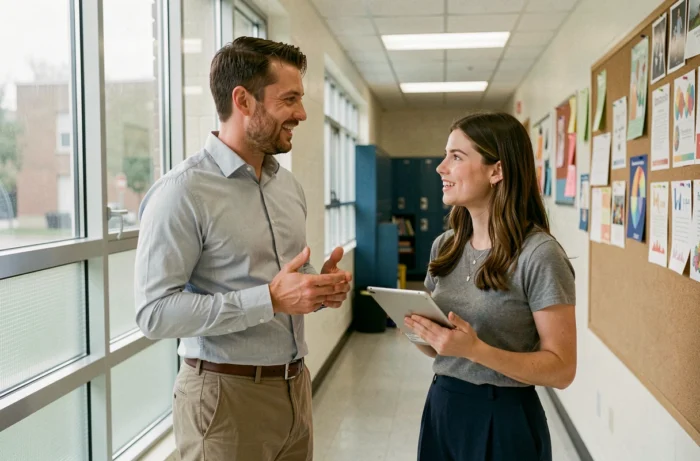 Un accompagnant AESH discutant d'évolution de carrière avec une collègue dans un couloir scolaire