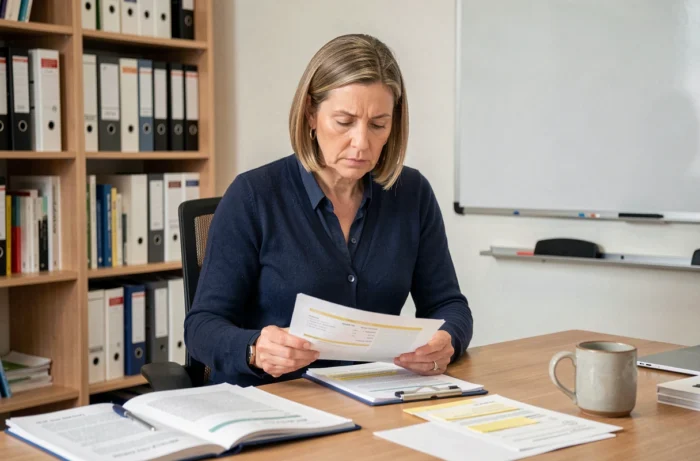 Une femme AESH en formation professionnelle révisant des documents sur son bureau dans un bureau administratif moderne