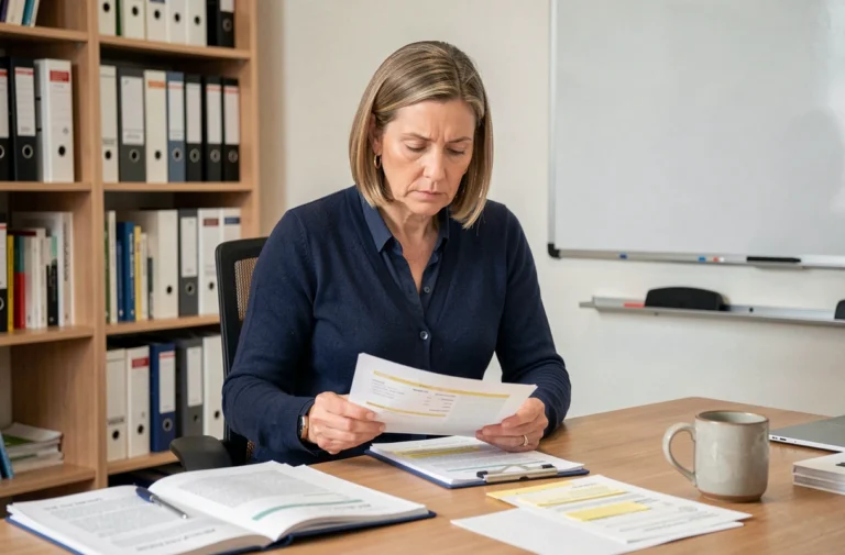 Une femme AESH en formation professionnelle révisant des documents sur son bureau dans un bureau administratif moderne