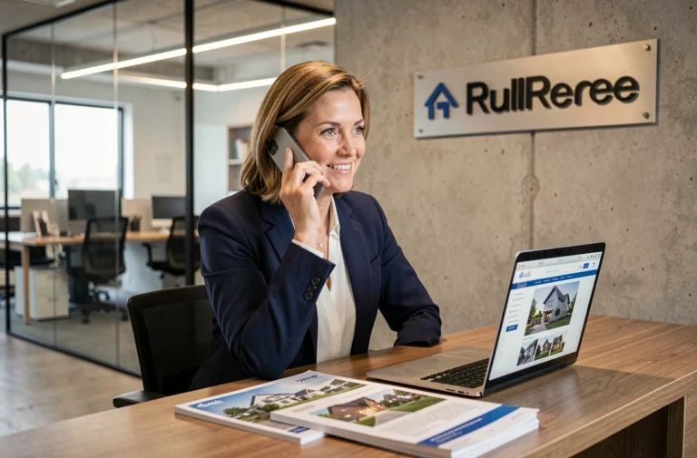 Agente immobilière professionnelle au téléphone dans un bureau moderne d'agence immobilière