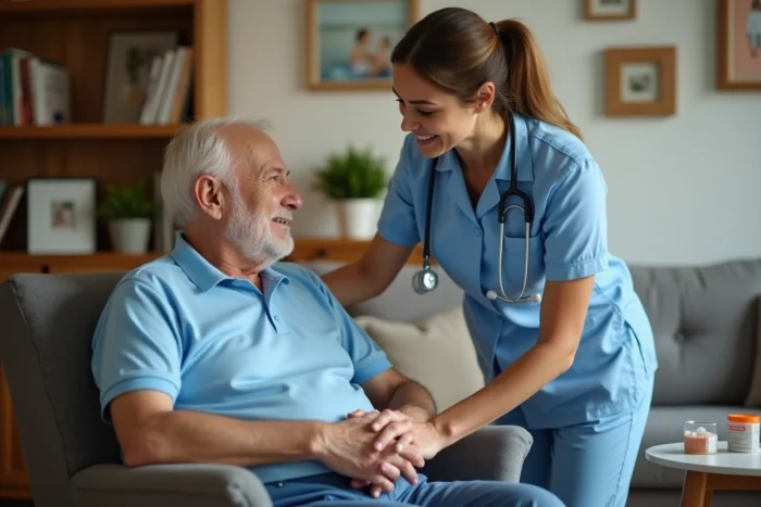 Une aide à domicile ADMR assiste un senior dans son salon, illustrant les services à la personne en 2026