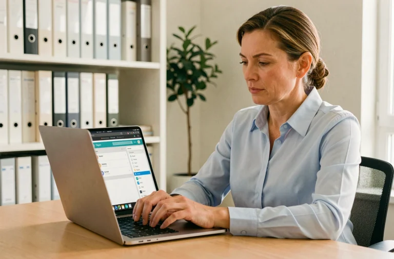 Aide à domicile utilisant le logiciel Philia ADMR sur un ordinateur portable dans un bureau administratif organisé