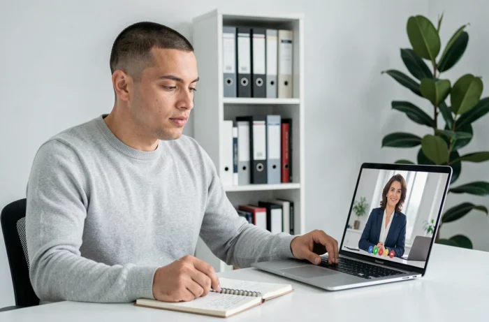Un homme en visioconférence avec un conseiller professionnel pour obtenir de l'aide dans sa recherche d'emploi depuis son bureau à domicile