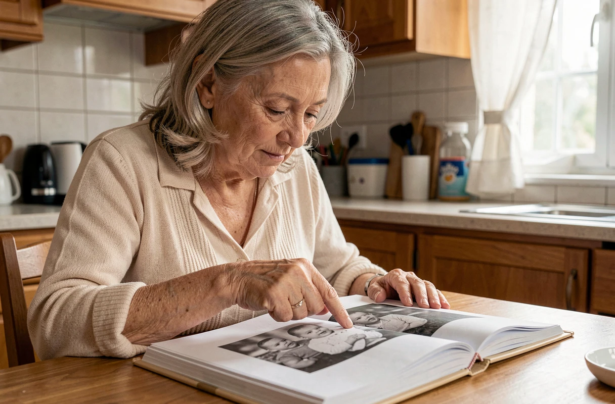 Une grand-mère feuillette un album photo de famille montrant des jumeaux, évoquant la transmission génétique et l'hérédité des naissances gémellaires