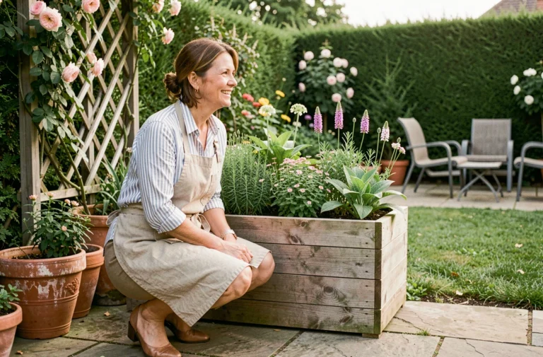 Femme aménageant un jardin élégant avec des jardinières en bois, des herbes aromatiques et des fleurs sur une terrasse en pierre