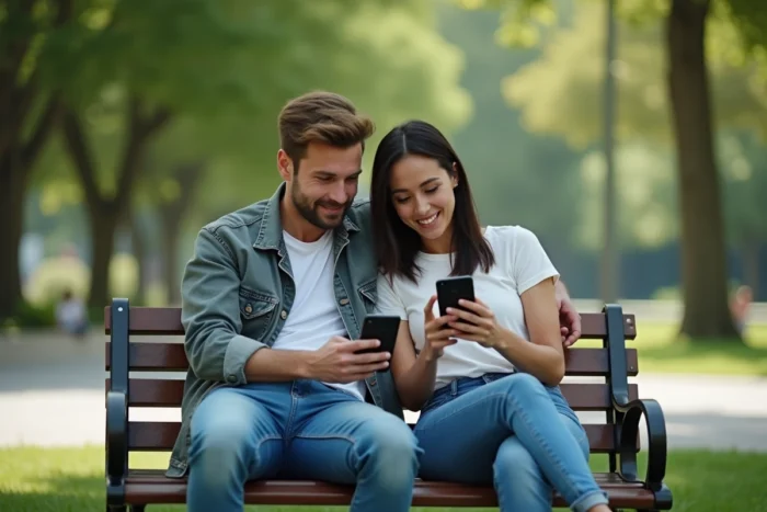 Deux amis regardant ensemble du contenu sur l'application Voplav iOS dans un parc urbain