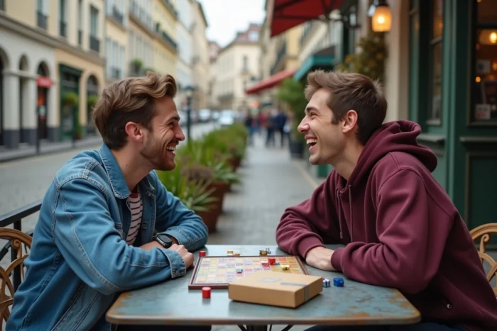Deux amis jouant à un jeu de société en terrasse de café, moment de loisir convivial en plein air