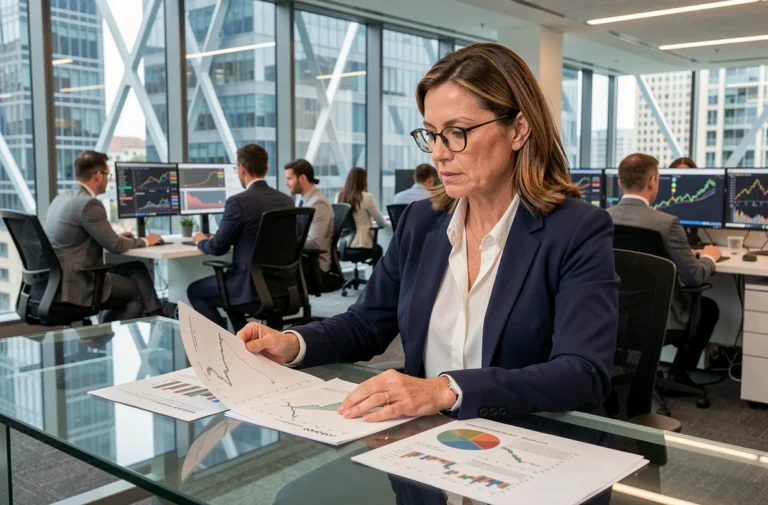 Femme analyste financière examinant des rapports boursiers dans un bureau moderne avec écrans de données financières en arrière-plan