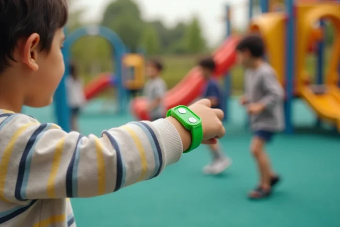 Bracelet GPS AOWOKA Kids vert et blanc porté par un enfant dans une aire de jeux, dispositif de suivi clairement visible au poignet