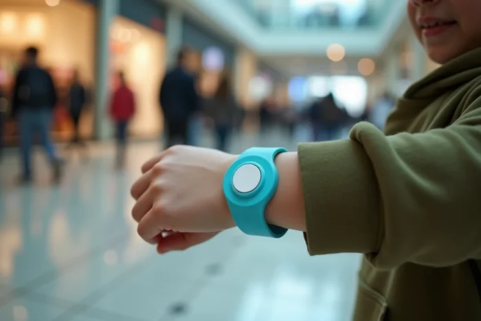 Bracelet adapté pour Apple AirTag porté au poignet d'un enfant dans un centre commercial, avec le disque AirTag blanc visible dans l'adaptateur silicone bleu