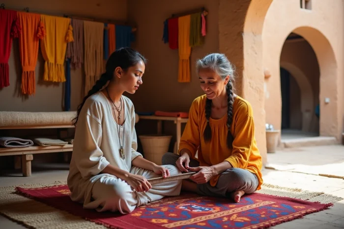 Une voyageuse apprend le tissage traditionnel aux côtés d'une artisane locale dans un atelier authentique