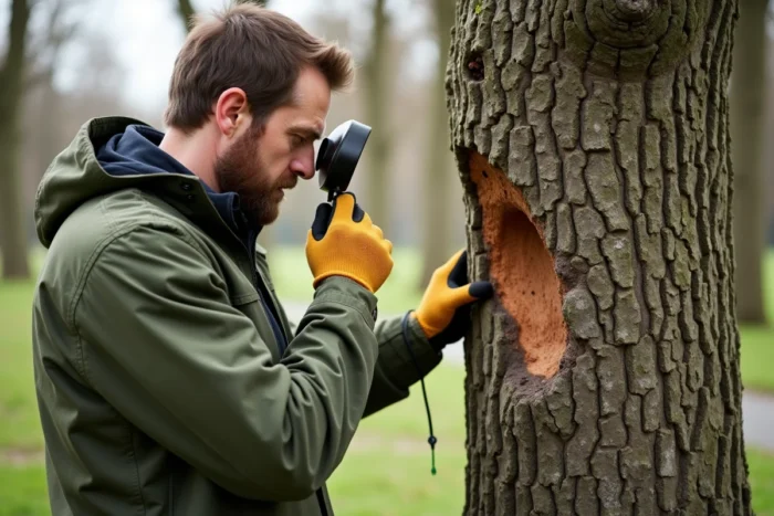 Arboriste inspectant un mûrier platane infesté de xylotrechus dans un parc urbain
