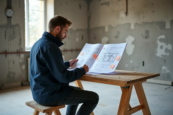 Architecte analysant un plan de rénovation détaillé avec annotations dans un appartement vide en chantier
