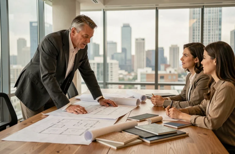 Architecte expert présentant des plans sur mesure à des clients pour un projet immobilier personnalisé dans un bureau moderne