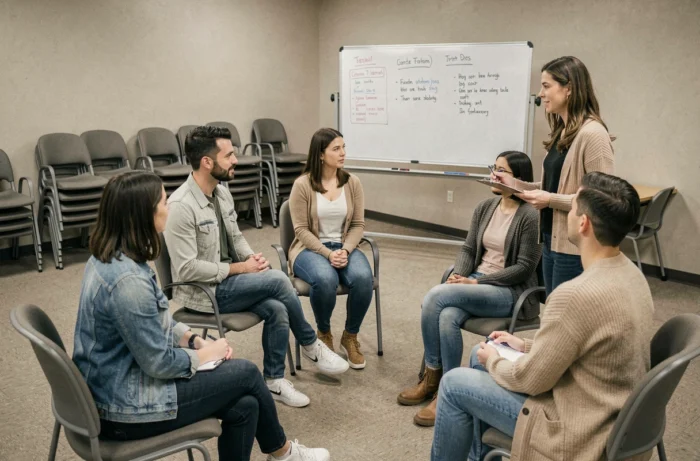 Groupe de parents participant à un atelier de soutien à l'éducation animé par un éducateur dans un centre communautaire