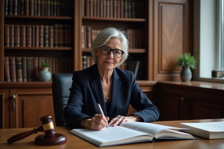 Avocate concentrée annotant des documents juridiques dans un bureau traditionnel rempli de livres de droit