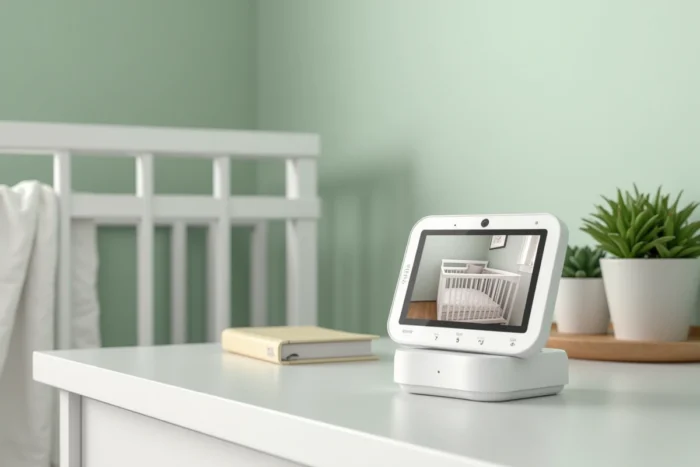 Babyphone vidéo Babymoov Visio Care posé sur une table de nuit dans une chambre de bébé décorée en vert sauge