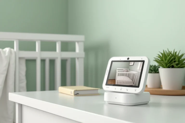 Babyphone vidéo Babymoov Visio Care posé sur une table de nuit dans une chambre de bébé décorée en vert sauge