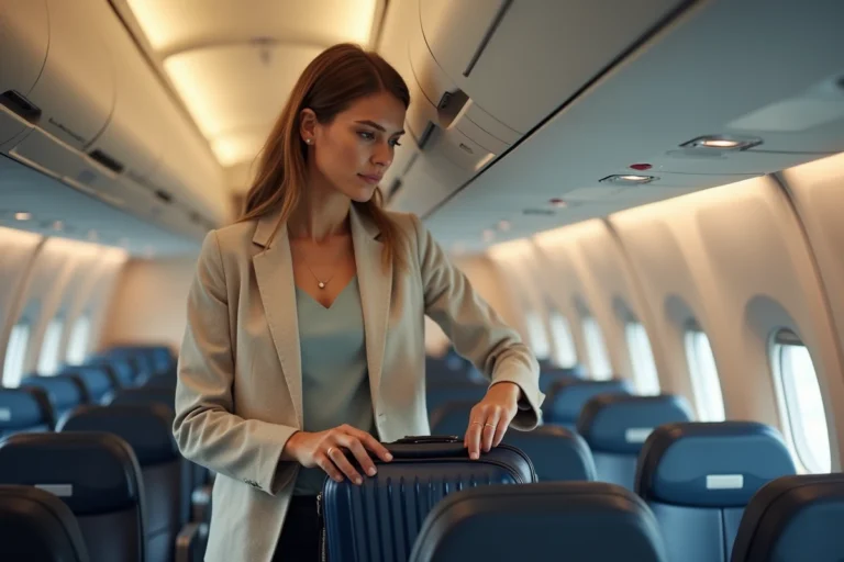 Femme plaçant un bagage cabine bleu marine dans le compartiment supérieur d'un avion Transavia