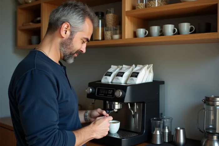 Homme réalisant un latte art dans un espresso à son bar à café maison avec une machine semi-professionnelle