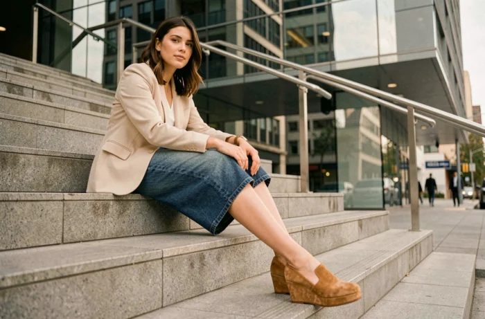 Femme assise sur des marches urbaines portant des baskets compensées Serafini en daim camel avec jupe en denim et blazer oversize