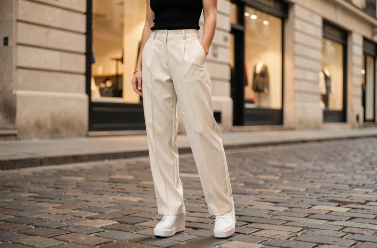 Femme portant des baskets compensées italiennes en cuir blanc sur des pavés d'une rue européenne chic