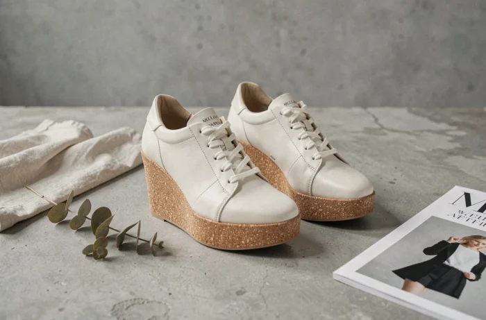 Baskets compensées italiennes Serafini en cuir blanc photographiées en flat-lay sur béton brut avec accessoires minimalistes