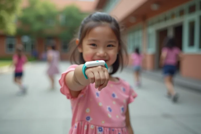 Fillette montrant le bracelet GPS Bip Connect Smart Bip à son poignet dans une cour d'école, design minimaliste blanc et bleu visible