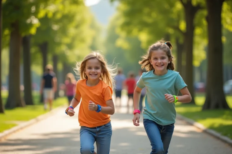 Deux enfants portant des bracelets GPS courant dans un parc, illustrant la protection quotidienne des enfants grâce aux trackers connectés