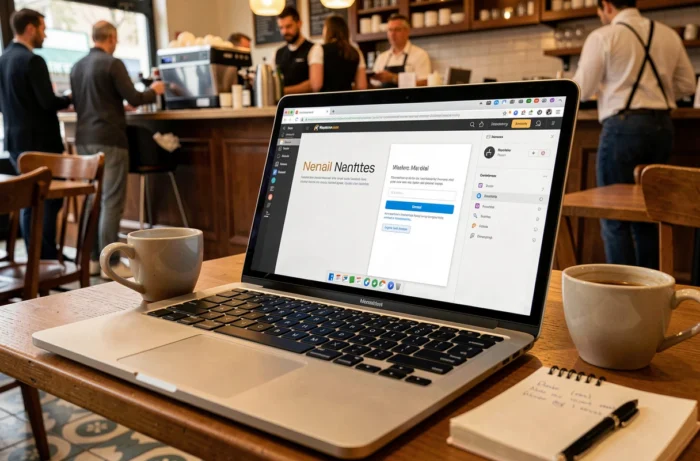 Ordinateur portable dans un café de Nantes affichant une page d'erreur de webmail avec solutions alternatives