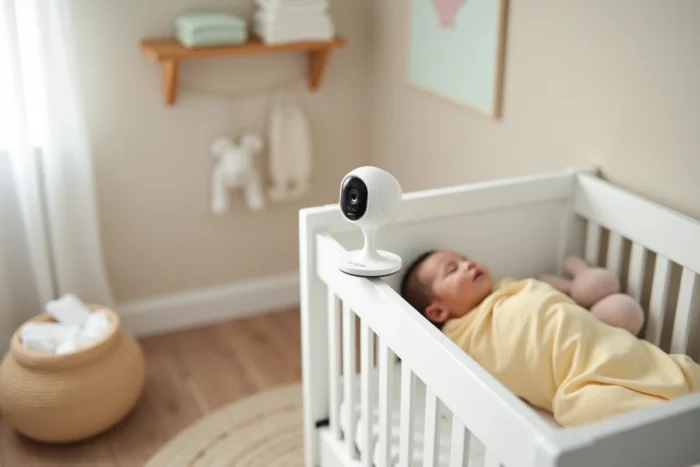 Caméra de babyphone vidéo fixée sur le bord d'un lit de bébé dans une chambre épurée et apaisante