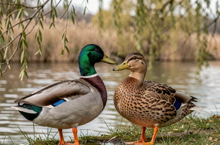 Canards colvert adultes mâle et femelle sur une berge de rivière européenne