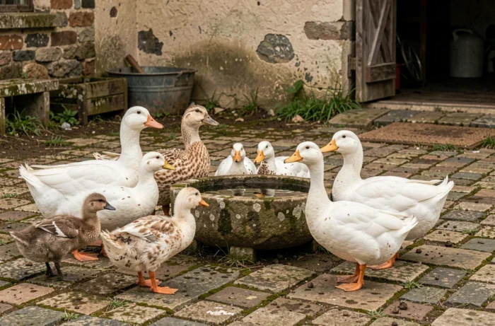 Groupe de canards domestiques à différents stades de croissance dans une ferme rurale