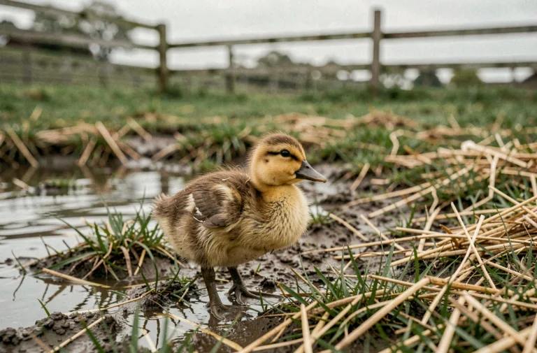 Caneton de trois semaines aux plumes duveteuses au bord d'un étang de ferme