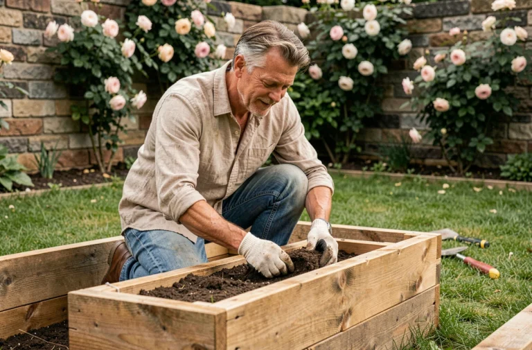 Homme aménageant un carré potager en bois recyclé dans un jardin verdoyant