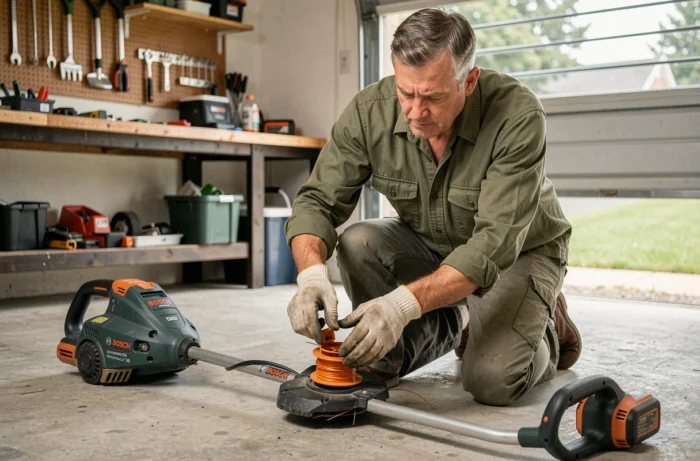 Homme changeant la bobine d'un coupe-bordure Bosch AdvancedGrassCut 36 dans un garage