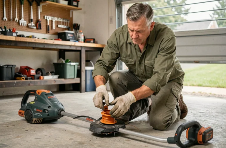 Homme changeant la bobine d'un coupe-bordure Bosch AdvancedGrassCut 36 dans un garage