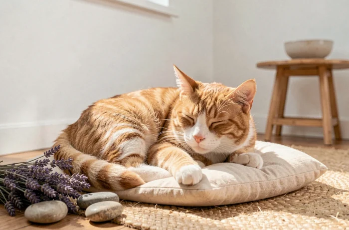 Chat tigré roux allongé et détendu sur un coussin de méditation entouré de lavande séchée et de pierres naturelles dans un intérieur minimaliste
