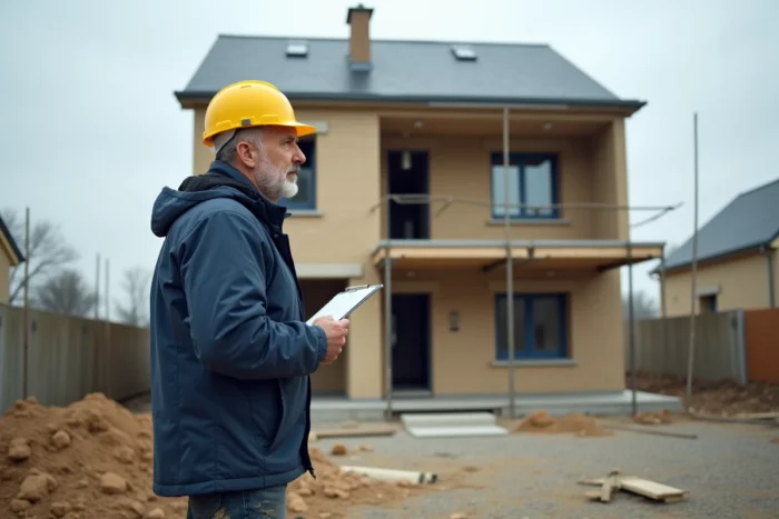 Chef de chantier inspectant la construction d'une maison neuve avec façade en briques dans un lotissement français