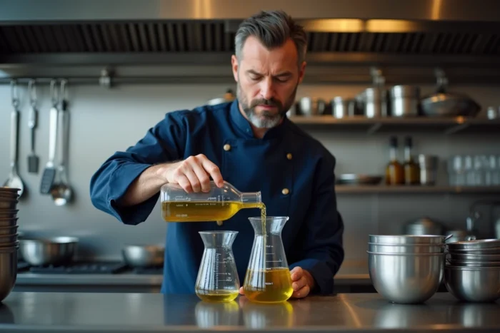 Chef cuisinier professionnel convertissant des grammes en millilitres avec des ustensiles de mesure gradués dans une cuisine de restaurant