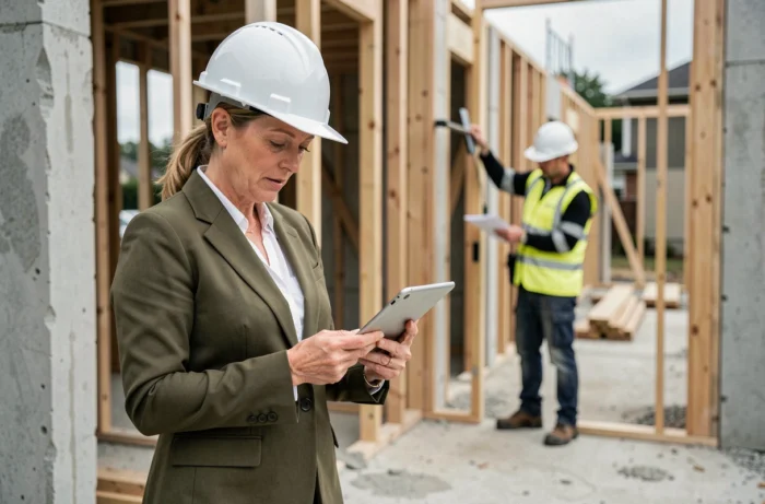 Chef de projet immobilier experte supervisant un chantier de construction résidentielle sur mesure avec tablette numérique