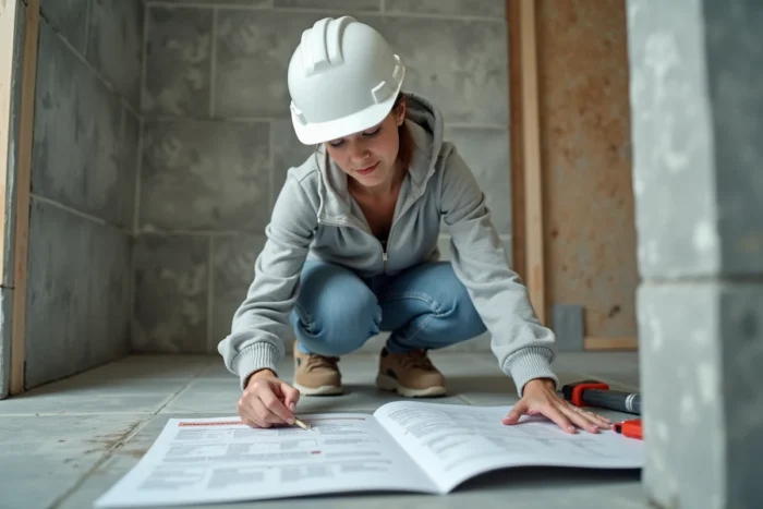Femme cheffe de chantier vérifiant un guide de rénovation dans une salle de bain en cours de travaux