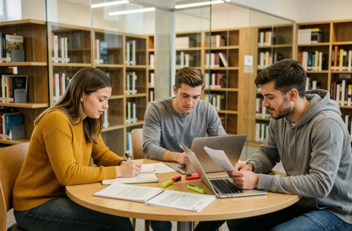 Trois étudiants révisent ensemble et réfléchissent sur leurs apprentissages dans une bibliothèque, illustrant la clôture et la métacognition en didactique